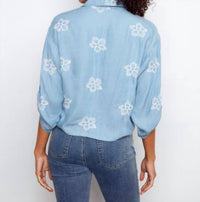 CHARLIE B 3/4 Rolled Up Sleeves Blouse With Floral Embroidery And Front Tie in light blue - women's blouse - detail view