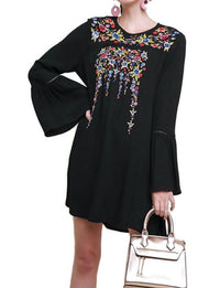 umgee Floral Embroidered Bell Sleeve Mini Dress in black - women's dress