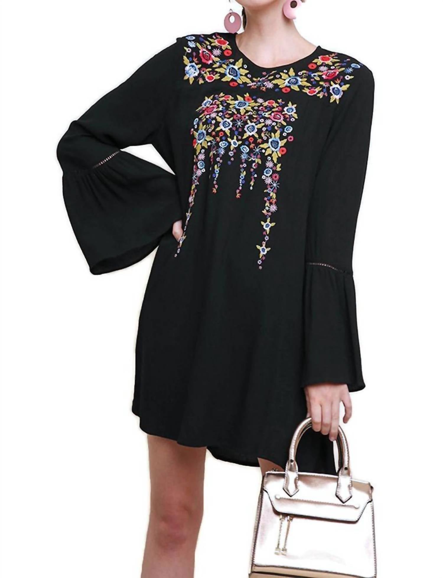 umgee Floral Embroidered Bell Sleeve Mini Dress in black - women's dress