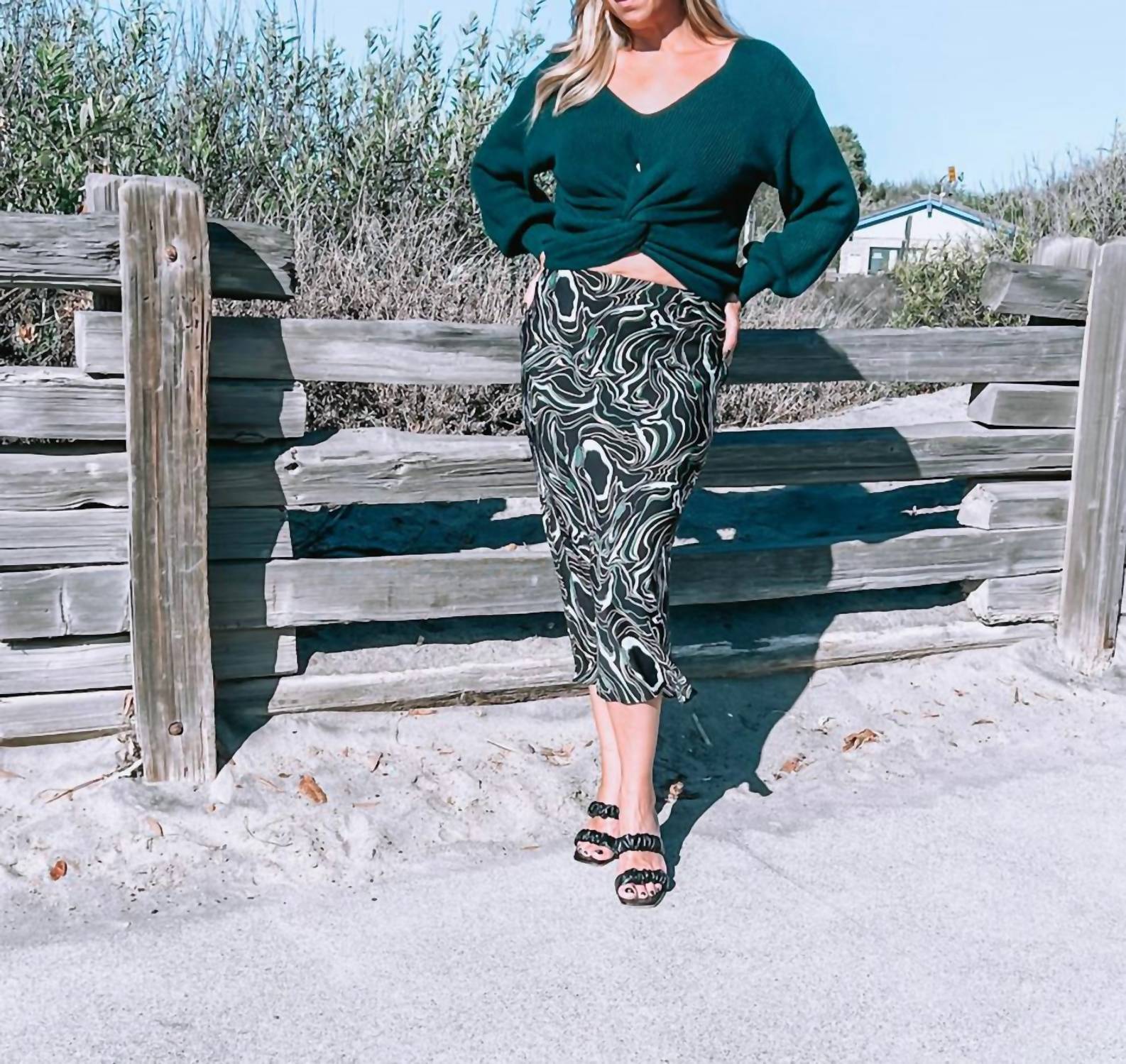 LUCY PARIS Scott Twisted Front V-Neck Cropped Knit Sweater in green - women's sweater