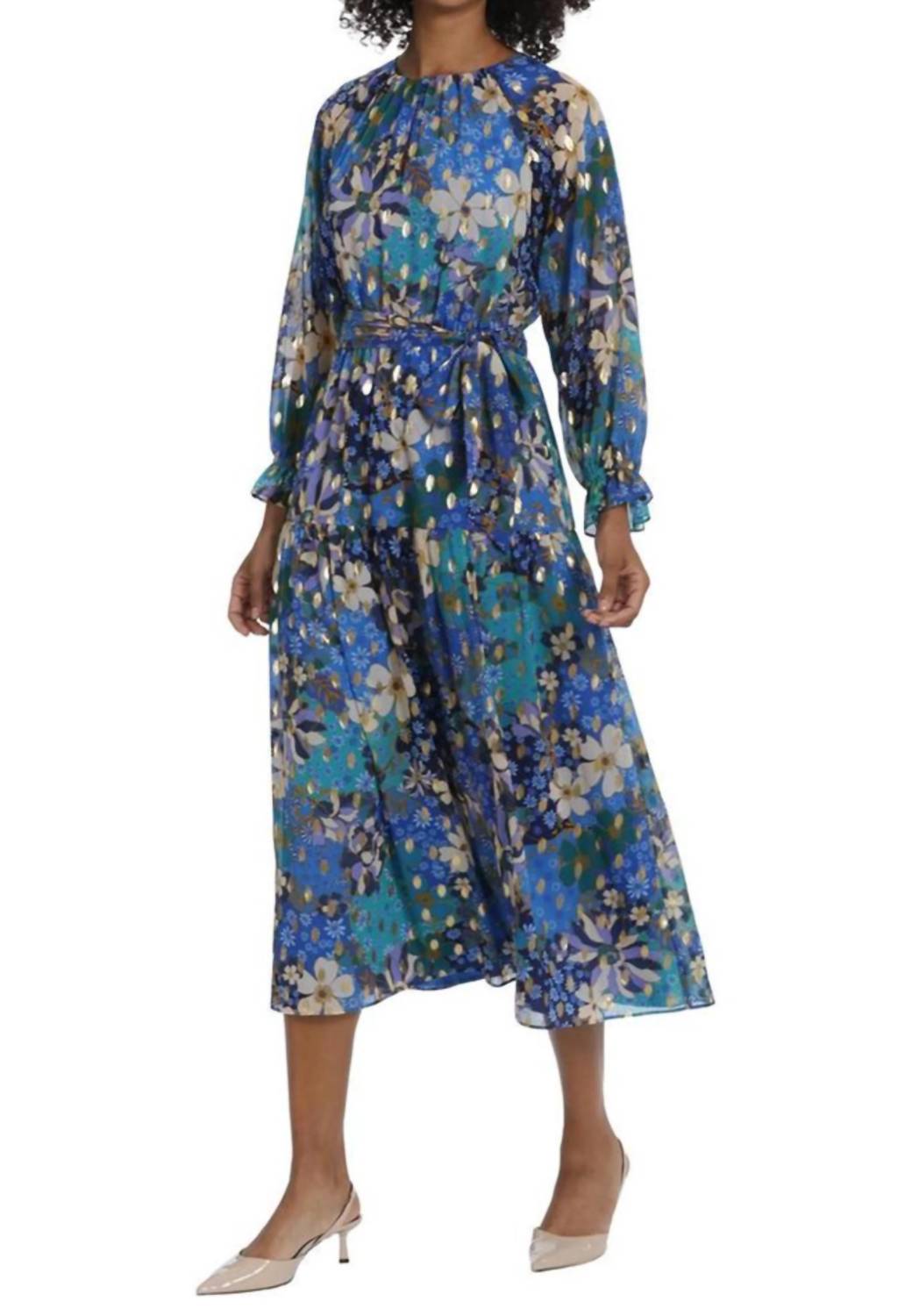 Maggy London - Belted Keyhole Metallic Floral Dress