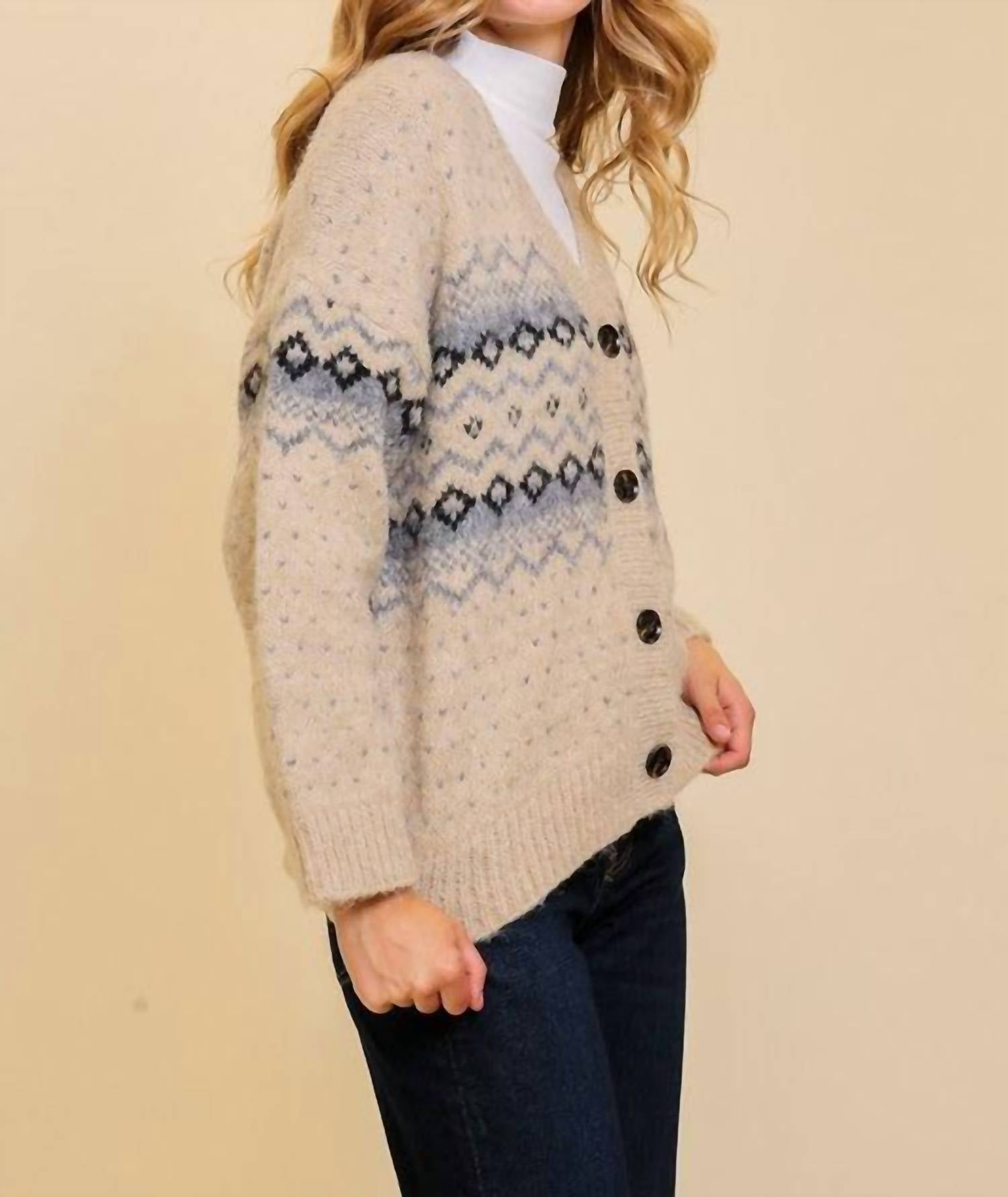 LUMIERE Argyle V-neck Cardigan in beige - women's sweater - alternate view