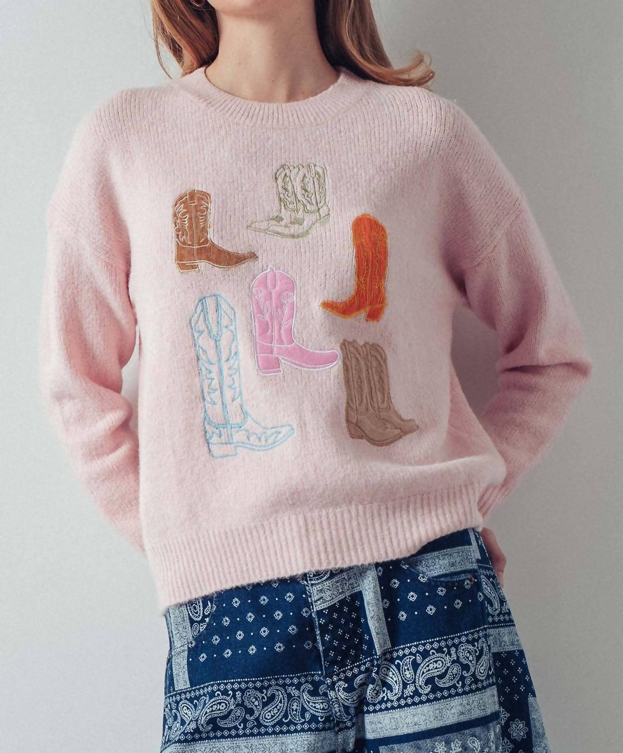 Urban Daizy Western Embroidered Cowboy Boot Sweater in pink - women's sweater