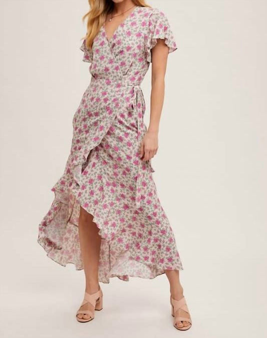 Bluivy - Floral Print Ruffle Hem Wrap Maxi Dress