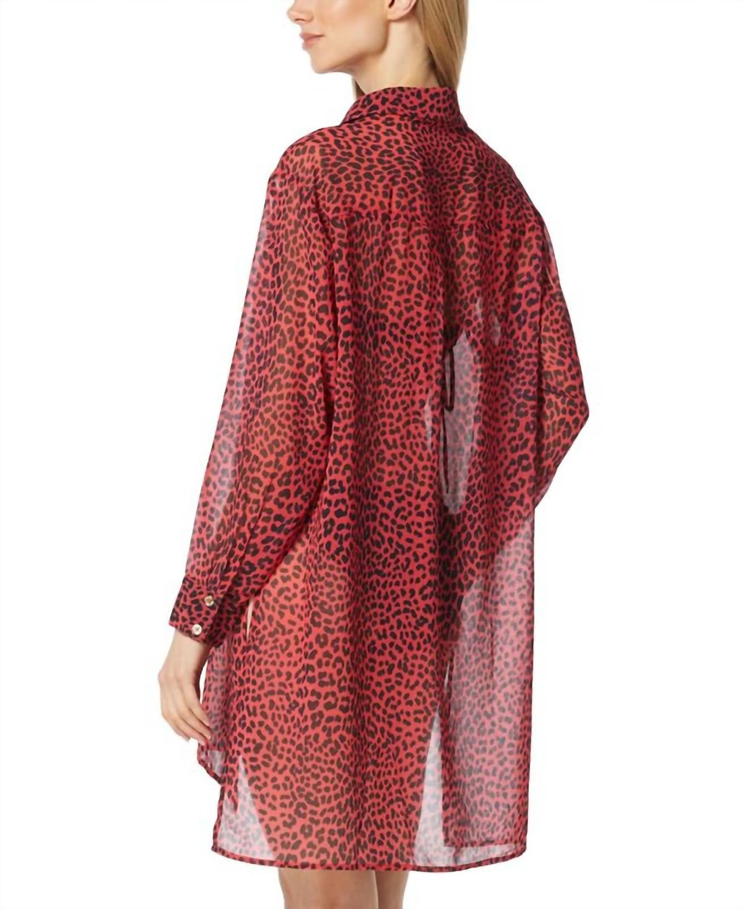 MICHAEL KORS Animal Print Sheer Cover Up Shirt in red - women's swimwear - detail view
