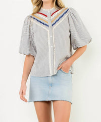 THML Puff Sleeve Striped Button Up Top in green - women's blouse - detail view