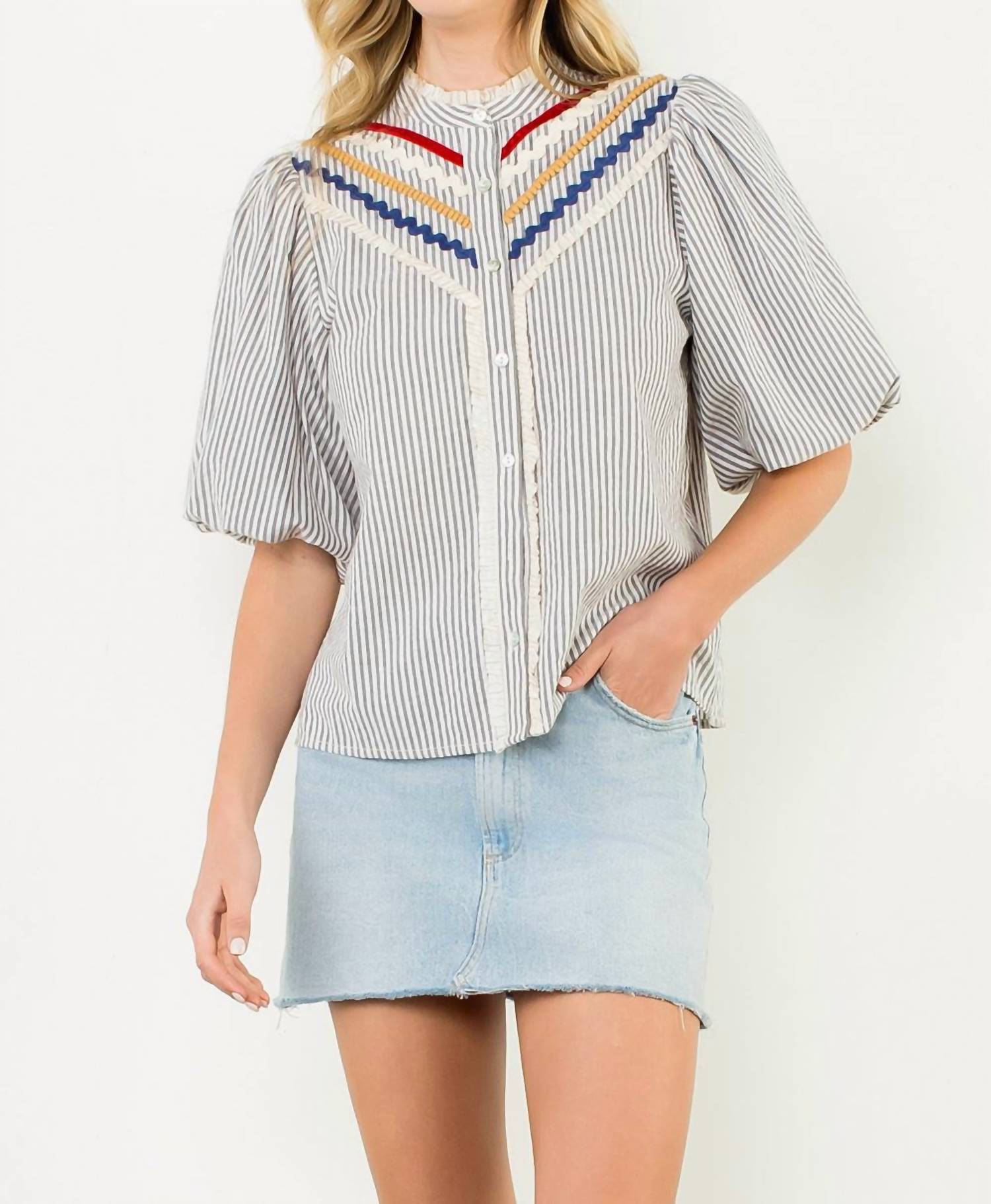 THML Puff Sleeve Striped Button Up Top in green - women's blouse - detail view