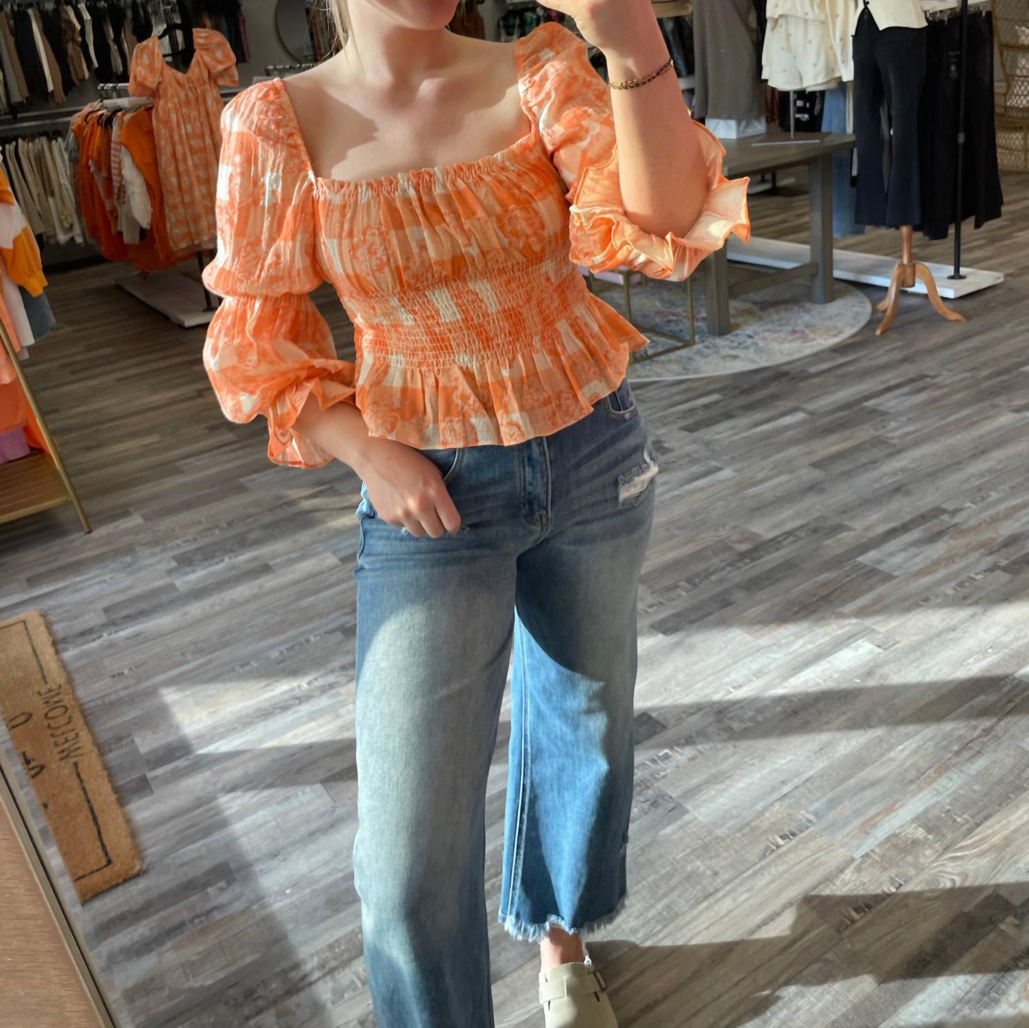 Olivaceous - Gingham Print Bubble Sleeve Top