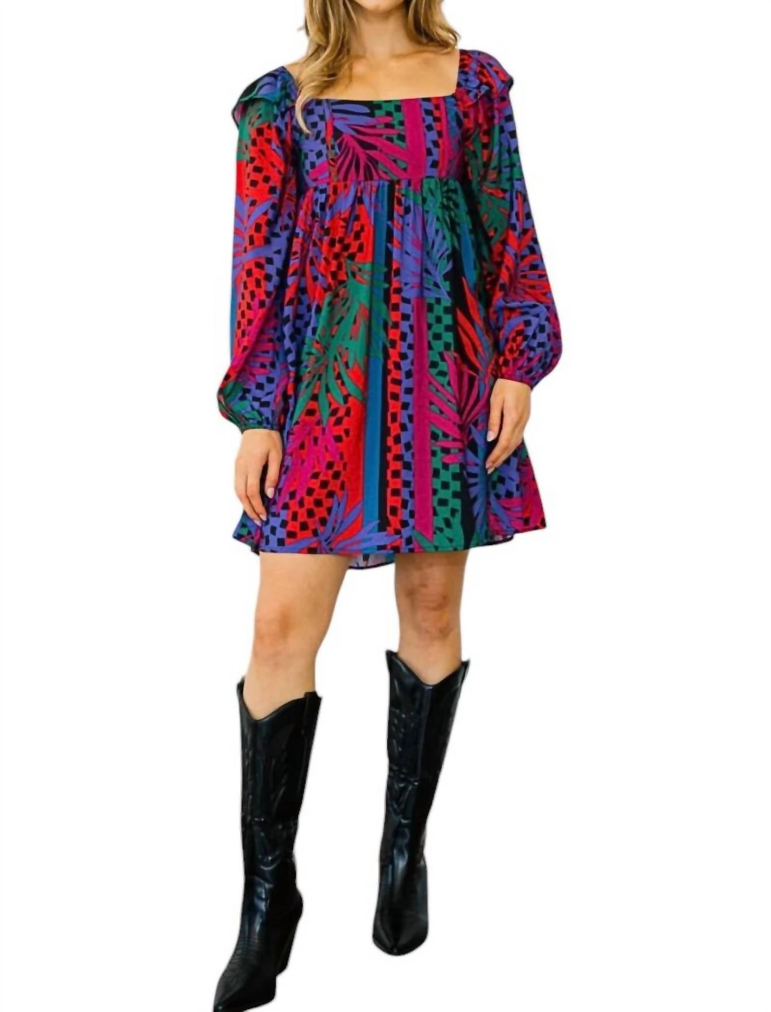 Oddi - Zoe Tropical Leaves Print Babydoll Mini Dress