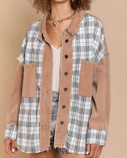 Pol - Oversized Distressed Edge Detail Plaid Shacket