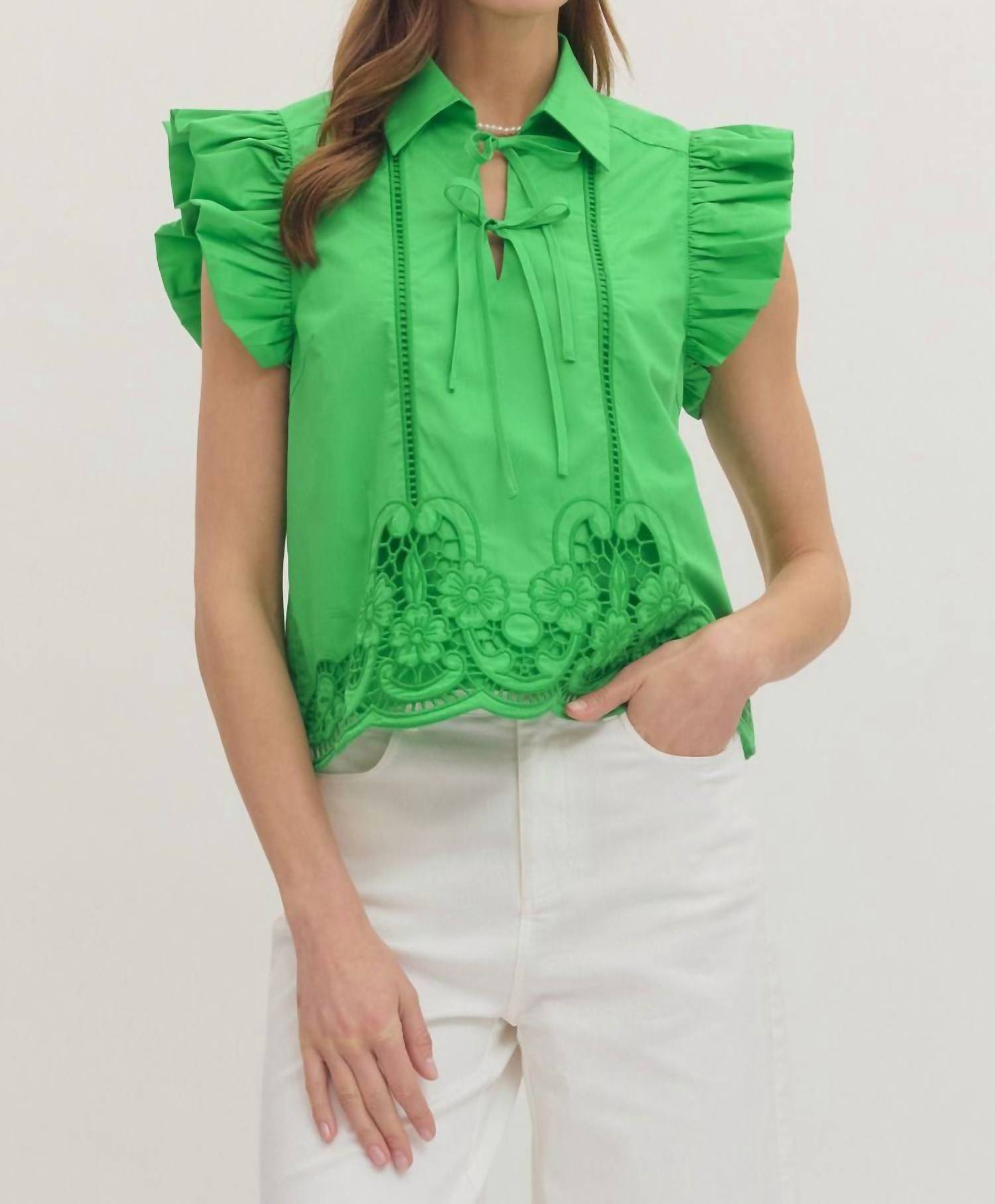 Entro - Collared Ruffle Sleeve Bow Tie Blouse with Eyelet Lace