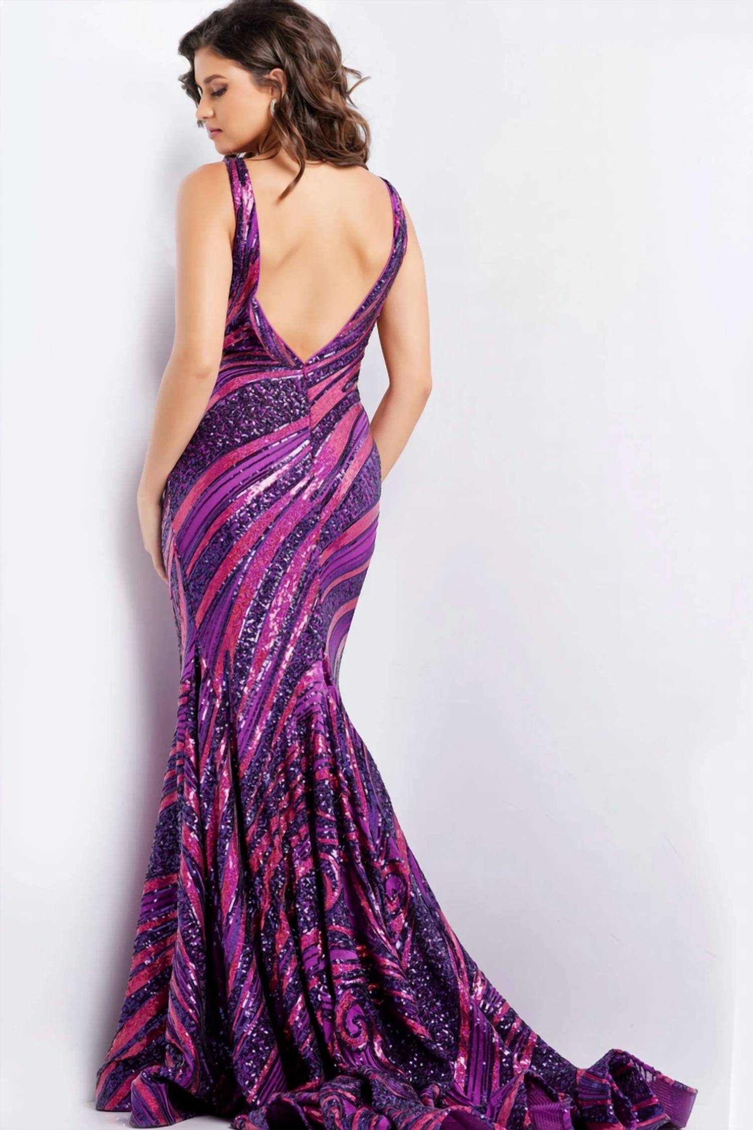 JOVANI Midnight Sequin Wave Dress in purple fuchsia - women's dress - alternate view
