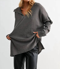 Mono B - Waffle Knit Collared Long Sleeve Sweatshirt