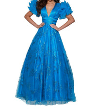 Johnathan Kayne - Puff Sleeve Open Back Glitter Ball Gown