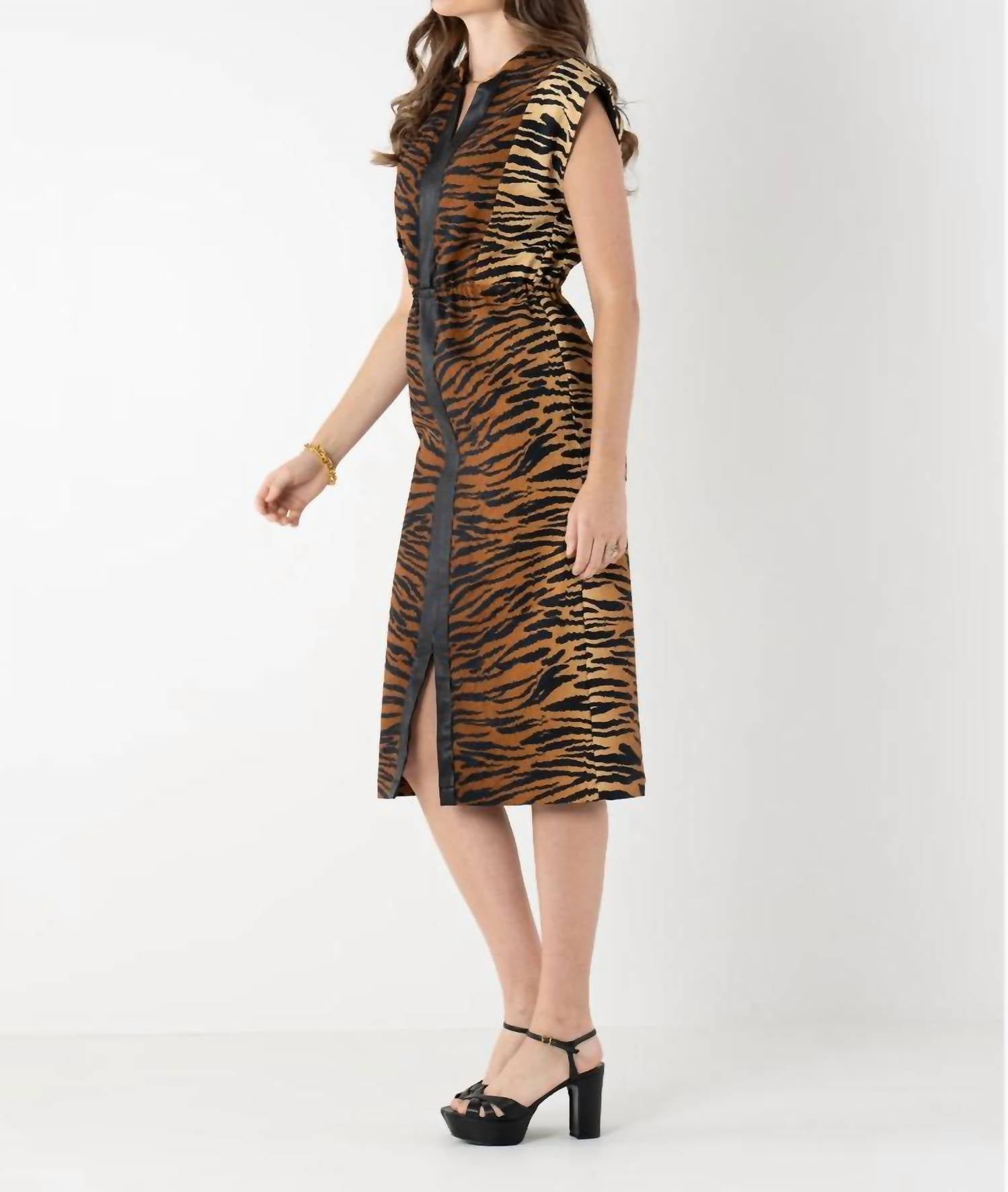 Emily McCarthy Meme Tiger Jacquard Dress in brown - women's dress - alternate view