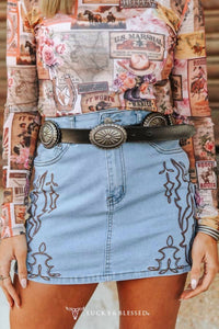 Lucky & Blessed - Boot Stitch Embroidered Western Denim Pencil Skirt