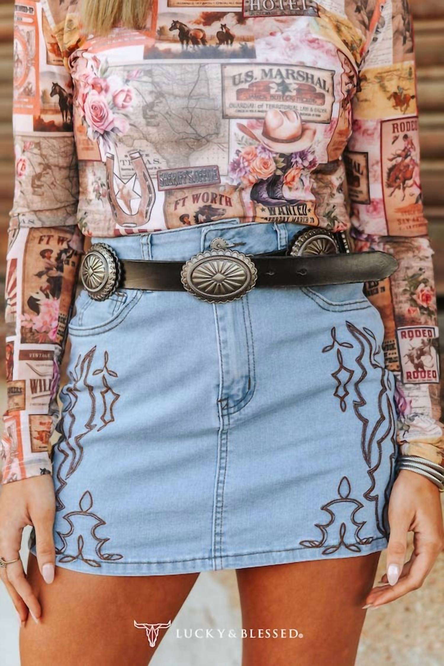 Lucky & Blessed - Boot Stitch Embroidered Western Denim Pencil Skirt