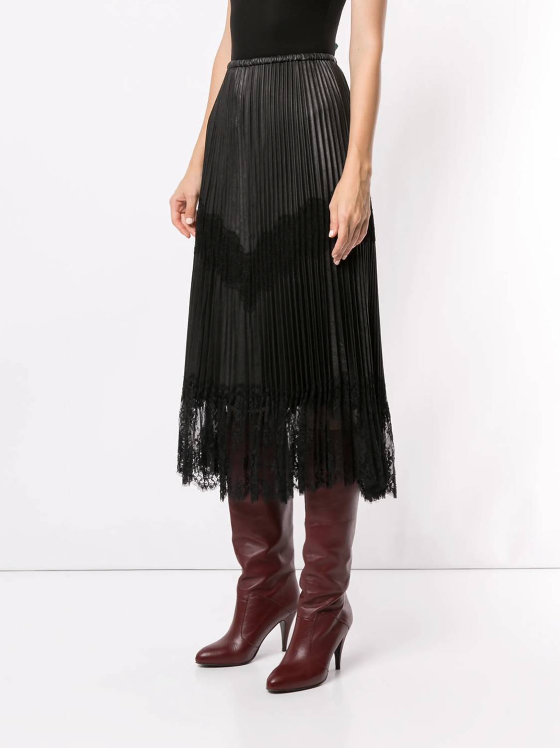 Valentino - Pleated Lace Trim Midi Skirt