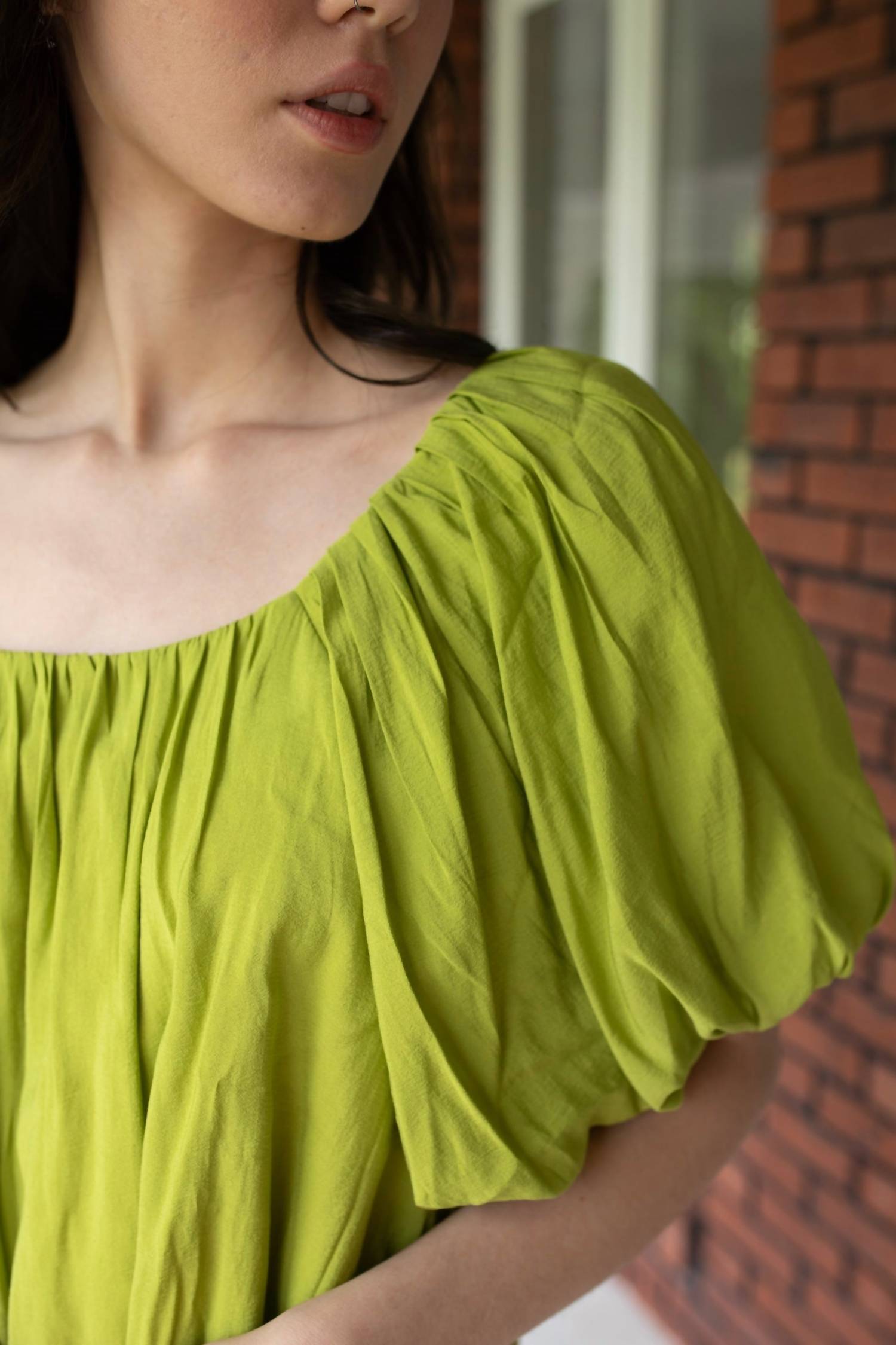 umgee Puff Sleeve Dress in vibrant lime green - women's dress - detail view