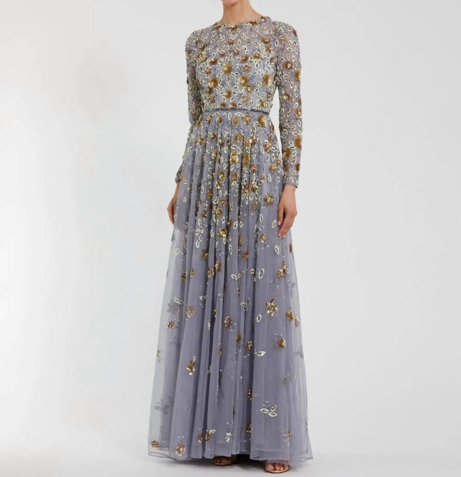 Mac Duggal - Women's Platinum Embellished High Neck Long Sleeve Dress