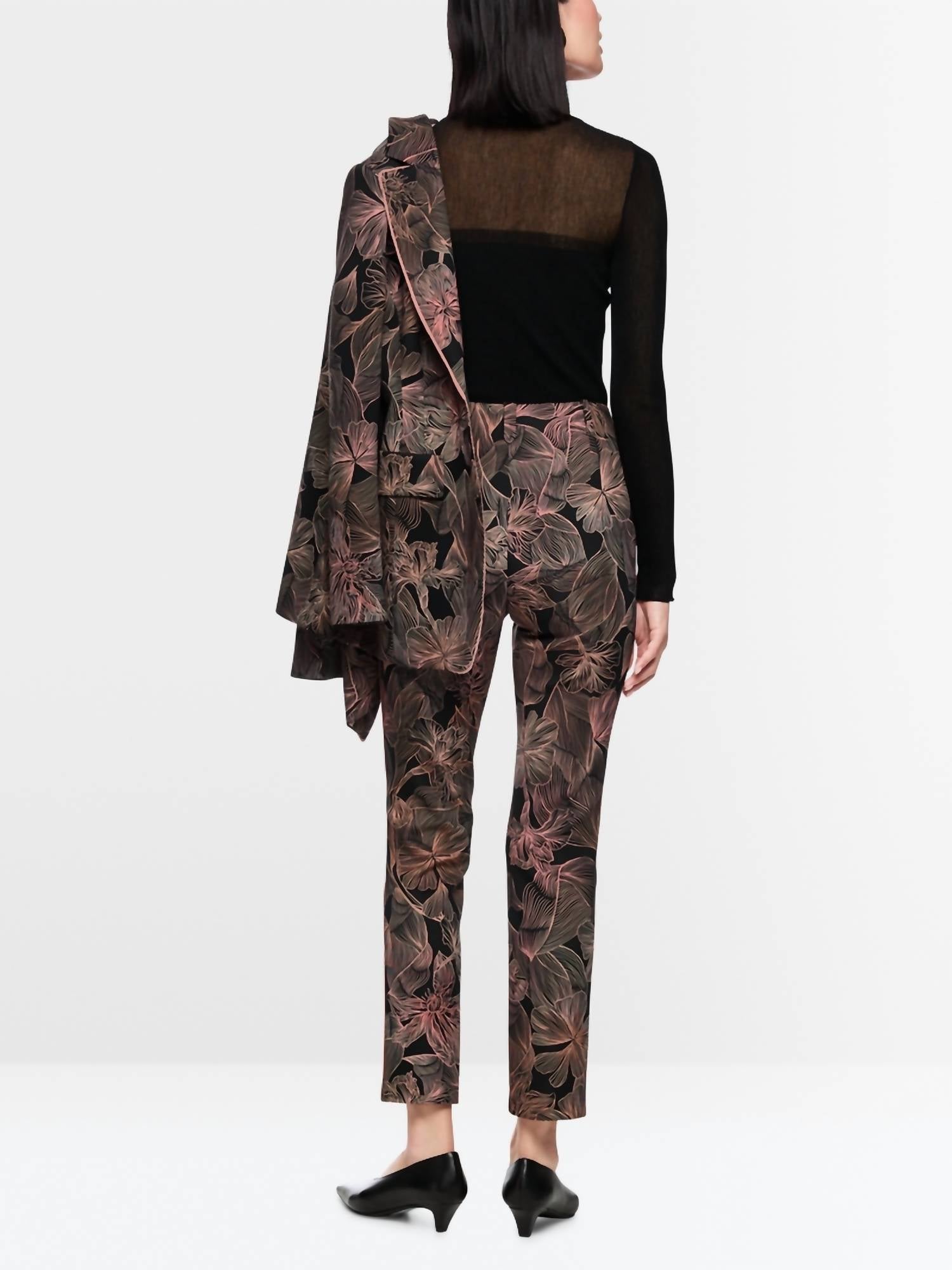 Marc Cain Sydney slim trousers with floral pattern in black and blush - women's pants - detail view