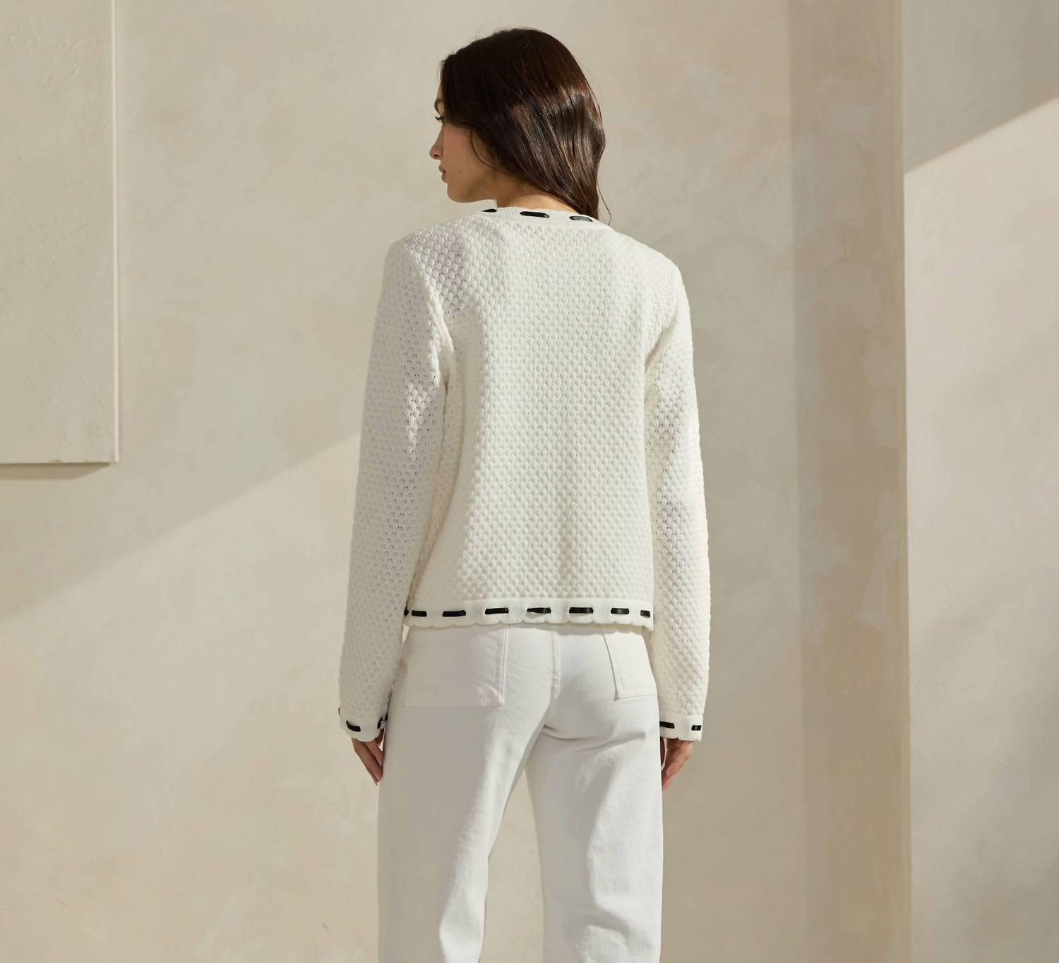 ABLE Contrast Trim Cardigan in white black - women's cardigan - detail view