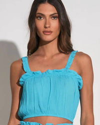 ELAN Ruffle Tank Top in teal - women's tank top - alternate view