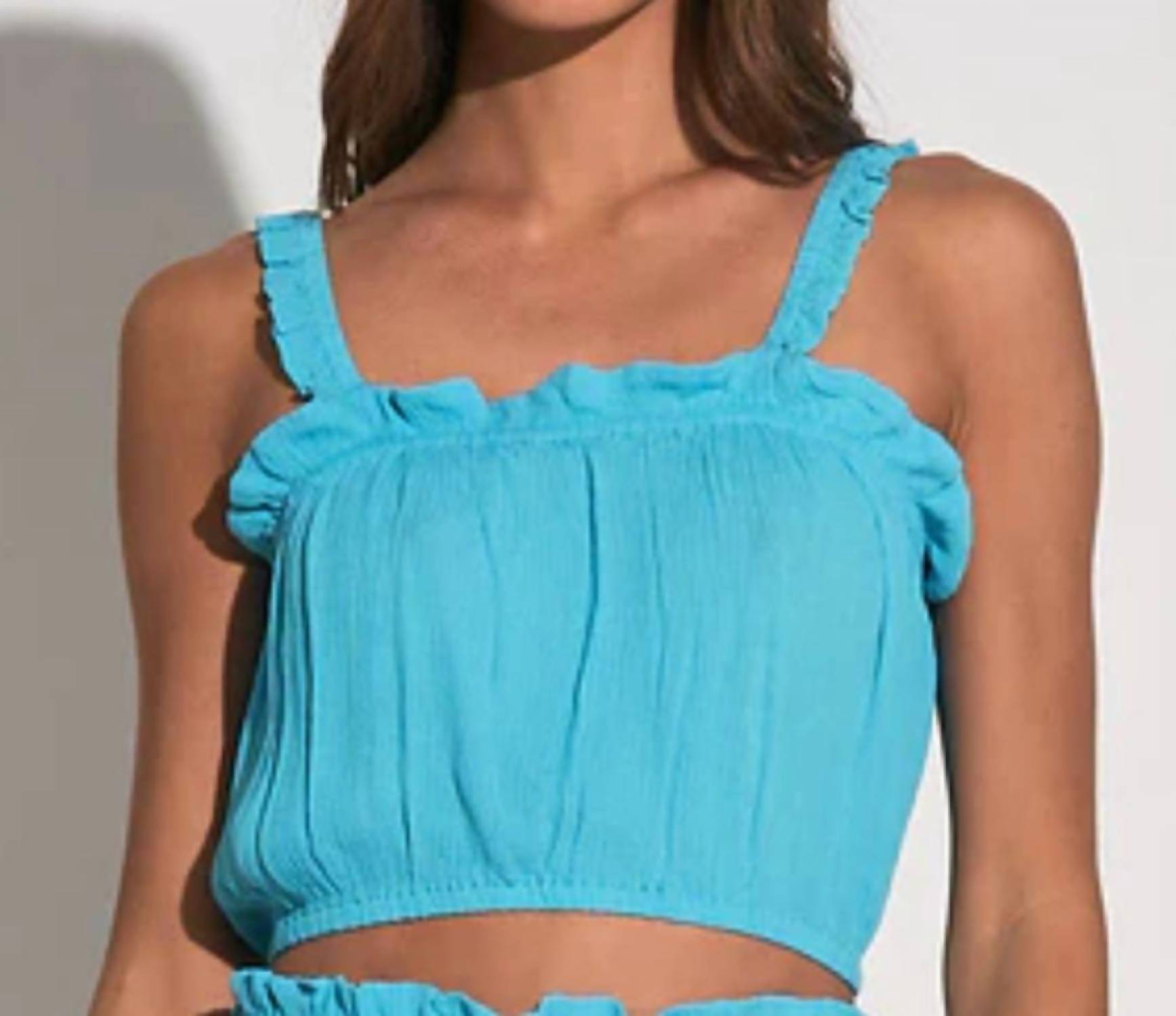 ELAN Ruffle Tank Top in teal - women's tank top - detail view