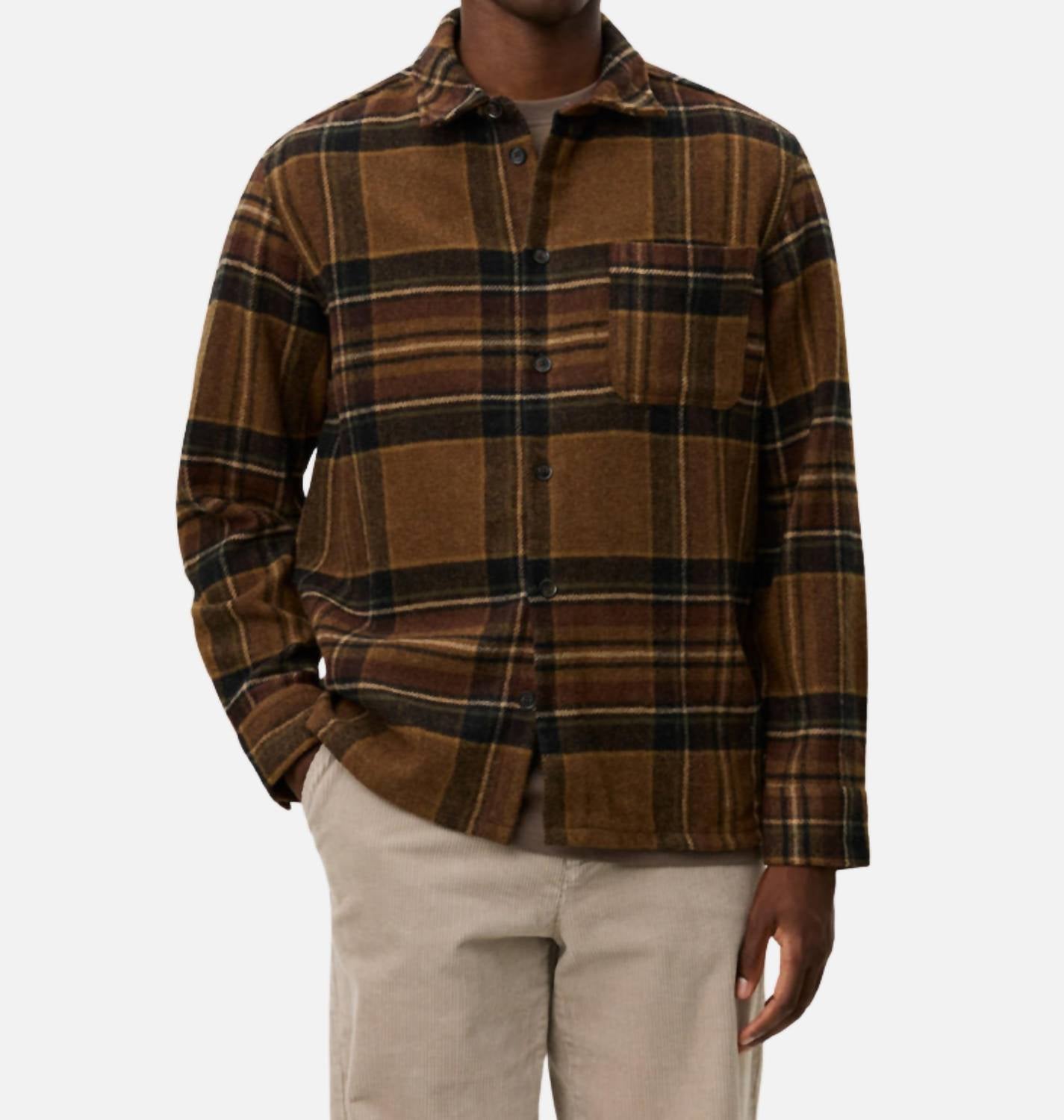 Les Deux Kaleb Check Wool Overshirt Top in monk s robe brown - men's shirt