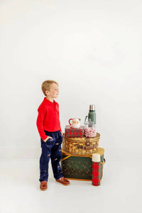The Beaufort Bonnet Company Boy's Long Sleeve Prim & Proper Polo in richmond red with worth avenue white stork - kids' shirt - alternate view