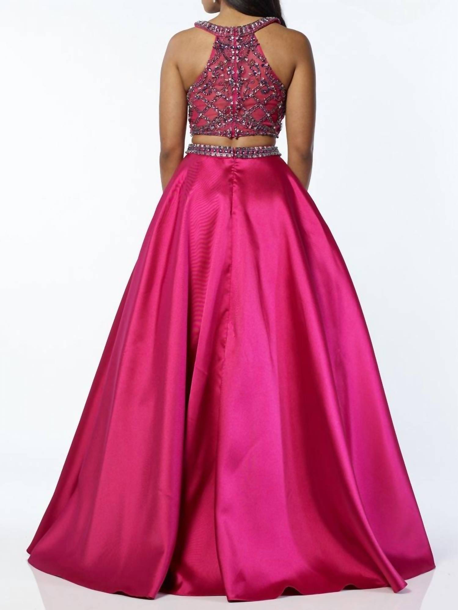 ALYCE PARIS Two Piece Embellished Halter Mikado Gown in fuchsia navy - women's dress - detail view