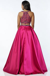ALYCE PARIS Two Piece Embellished Halter Mikado Gown in fuchsia navy - women's dress - alternate view