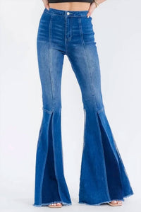 Surelymine - High Rise Two-Tone Flare Jeans with Frayed Hem