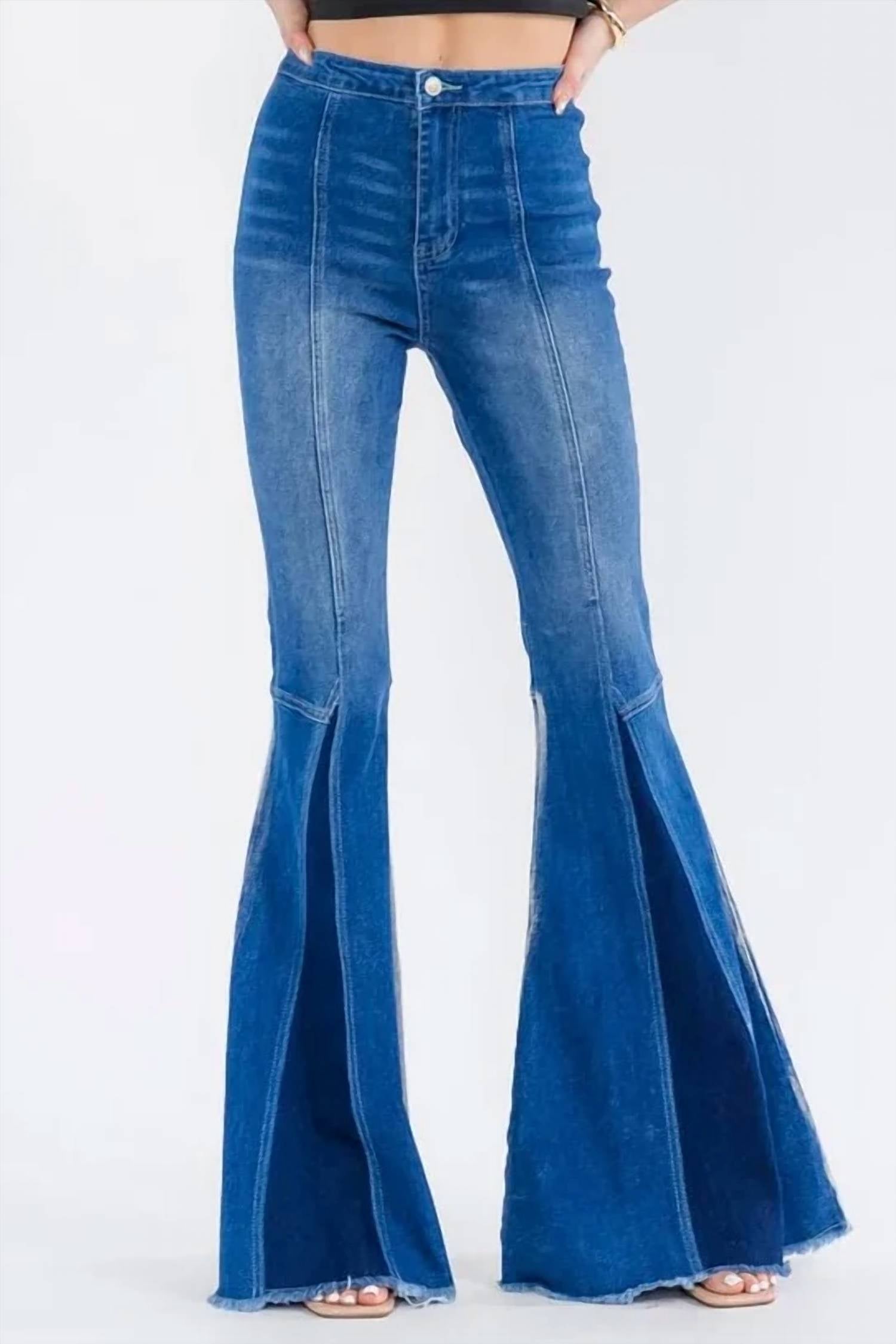 Surelymine - High Rise Two-Tone Flare Jeans with Frayed Hem