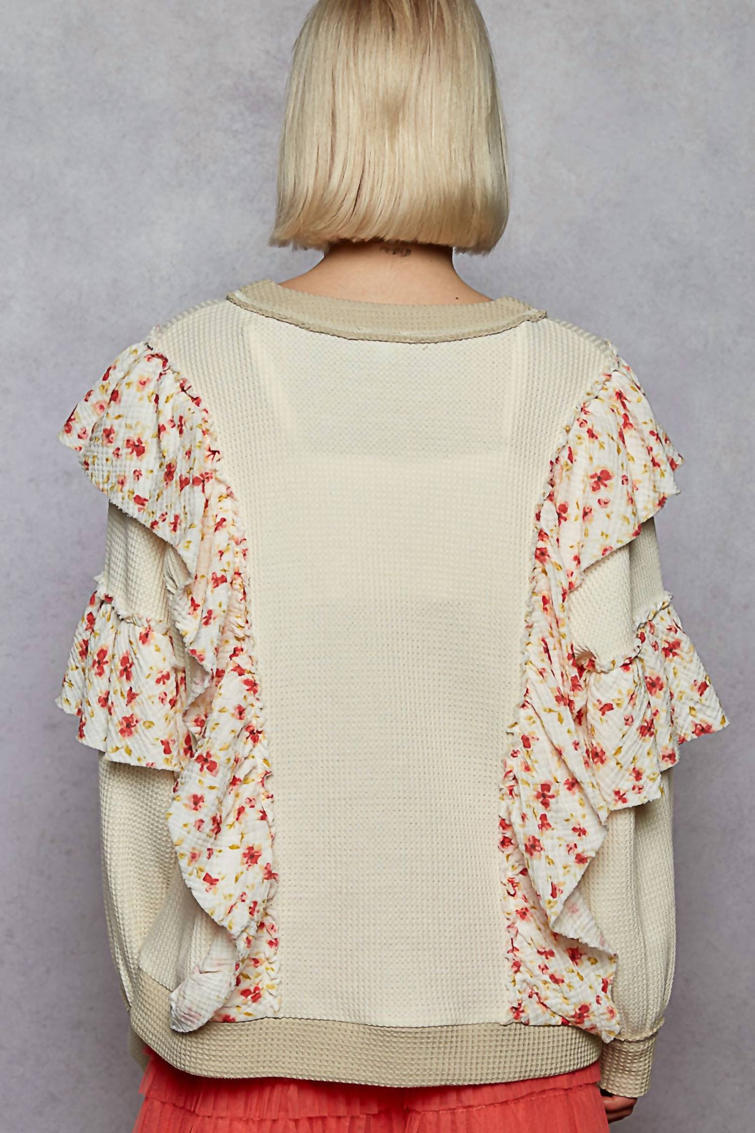 POL Floral Ruffle Round Neck Thermal Knit Top in cream - women's sweater - view 4