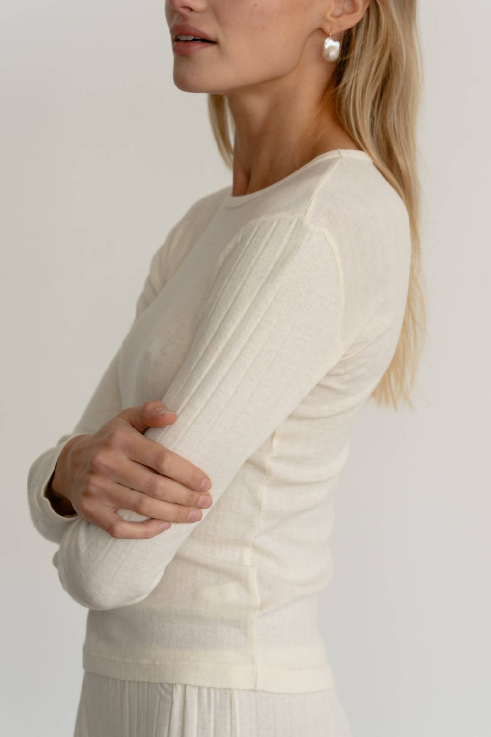 DONNI. Pointelle Long Sleeve Top in creme 1 - women's long sleeve top - alternate view