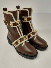 Valentino Garavani - Women's Roman Stud Leather & Shearling Combat Boots
