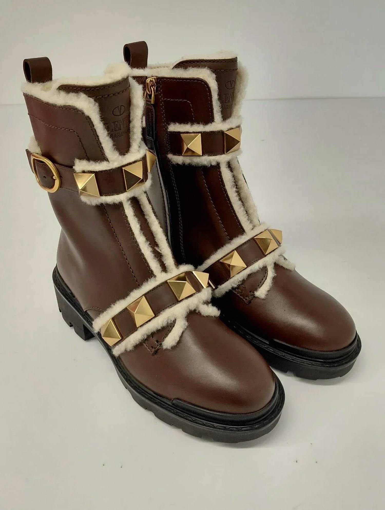 Valentino Garavani - Women's Roman Stud Leather & Shearling Combat Boots