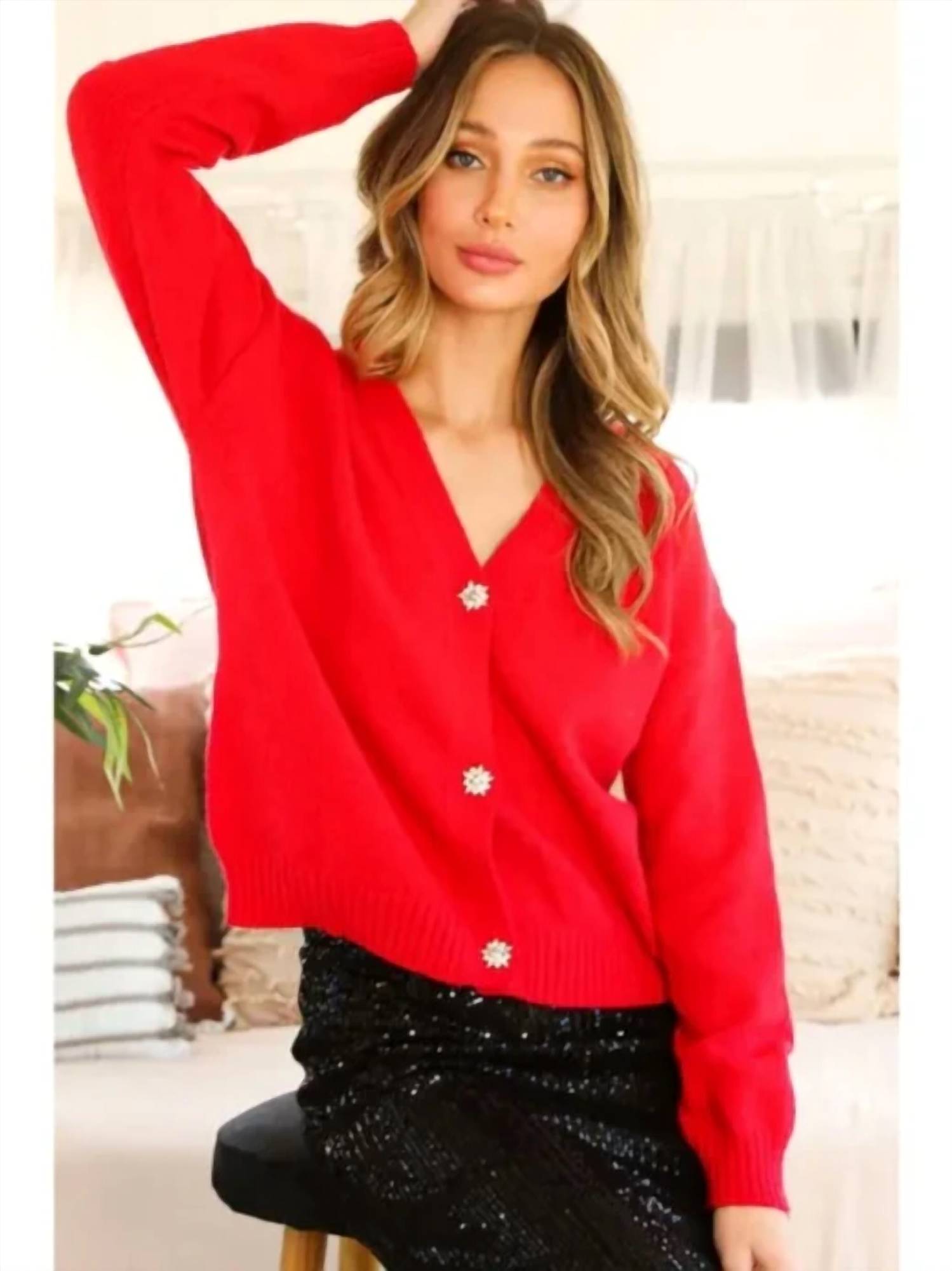 Vine & Love - V-neck Jeweled Button Accent Cardigan