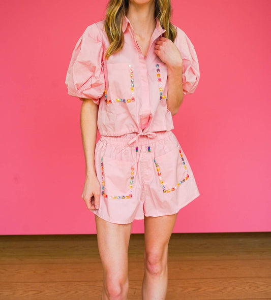 Queen Of Sparkles - Jewel Pocket Cotton Bubble Sleeve Top