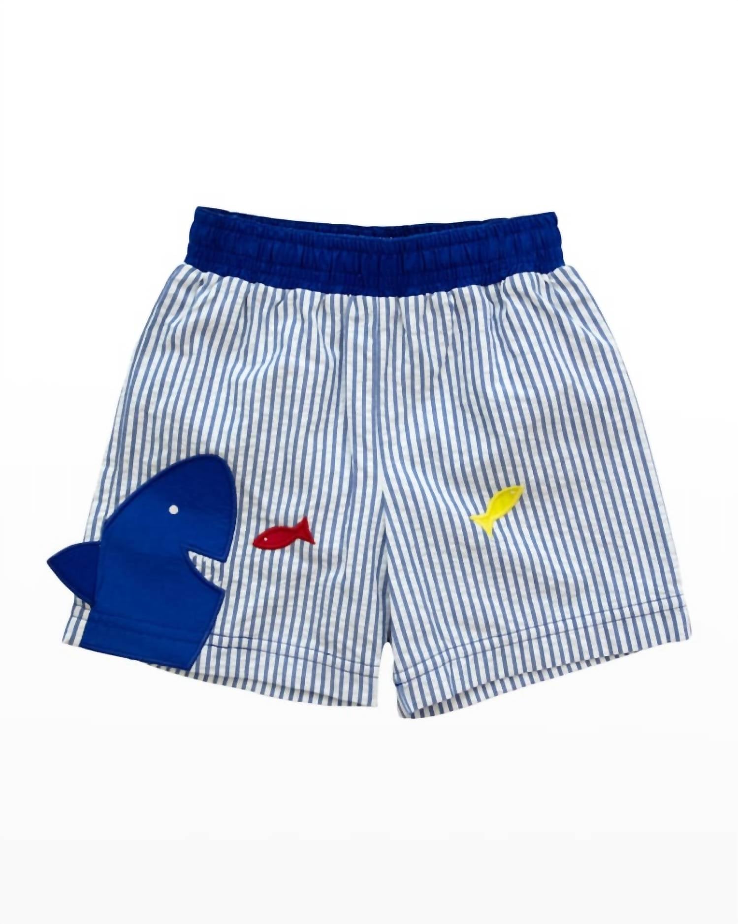 Florence Eiseman Boys' Seersucker Shark Swim Trunk in blue white - kids' item