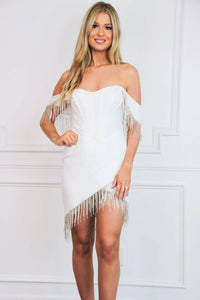 Luxxel - After Party Embellished Fringe Bustier Off Shoulder Dress