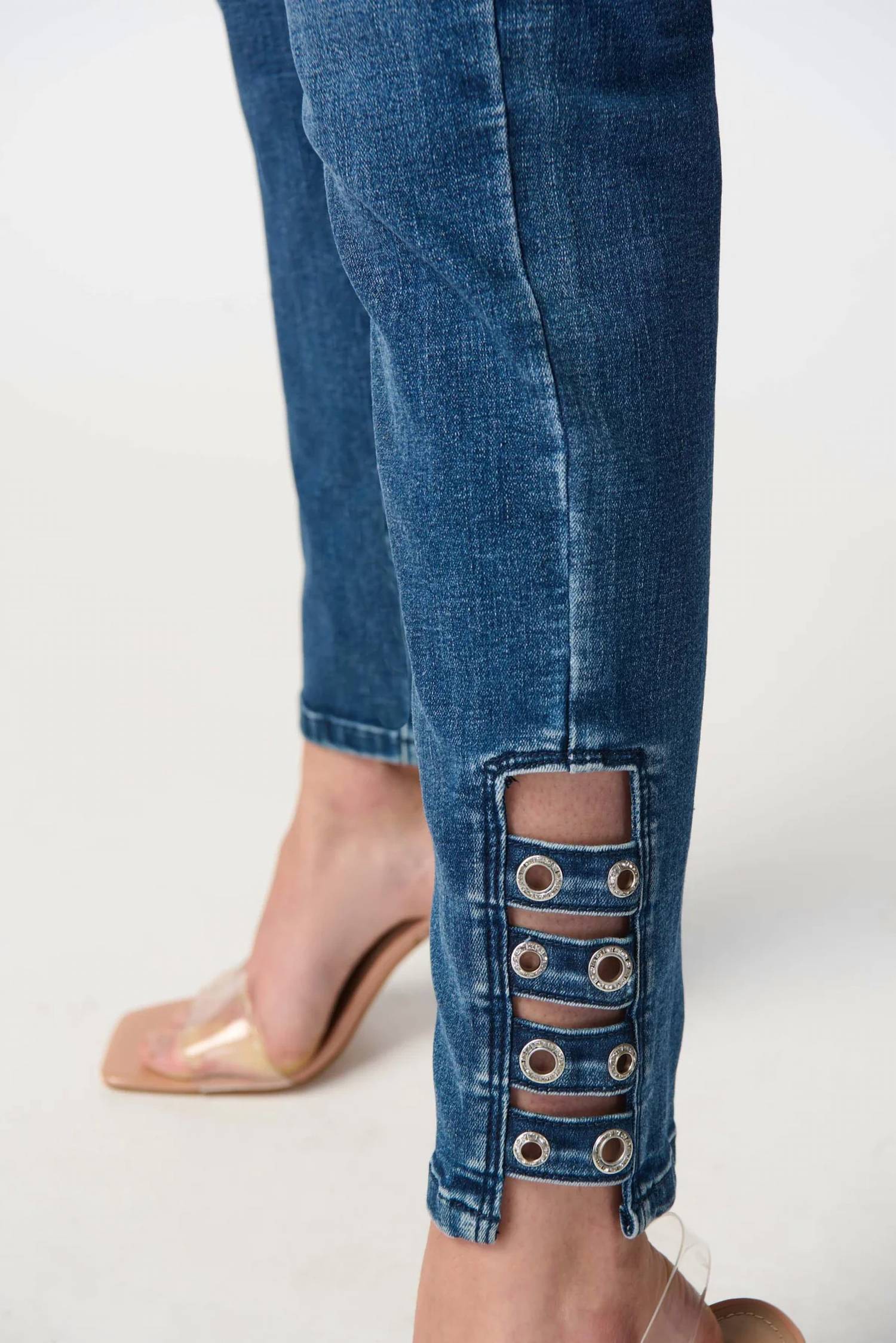 Joseph Ribkoff - Embellished Hem Ankle Grommets Straight Jeans