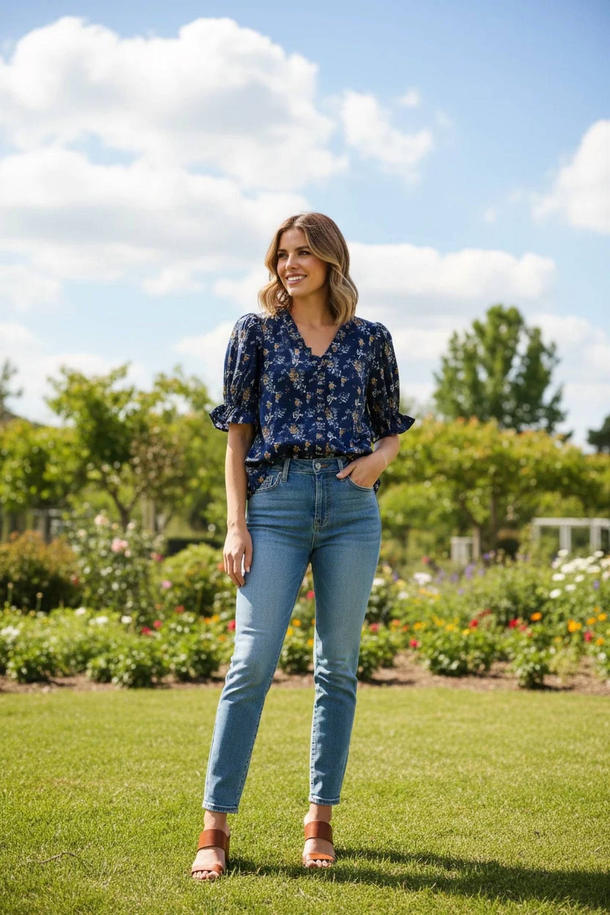 She + Sky - Ruffle And Roll Print Top