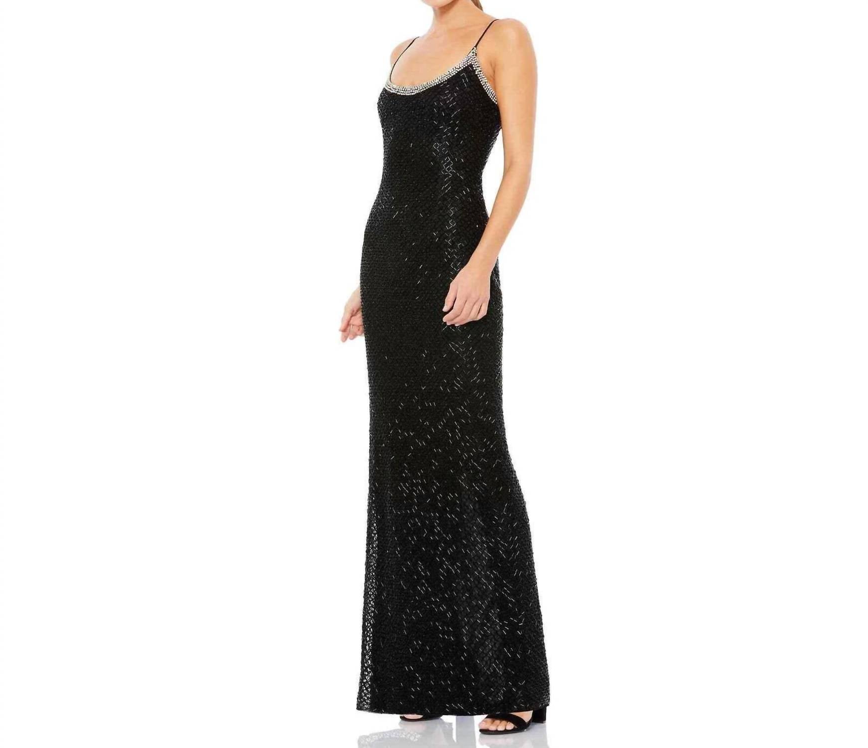 Ieena For Mac Duggal - Beaded Spaghetti Strap Column Gown