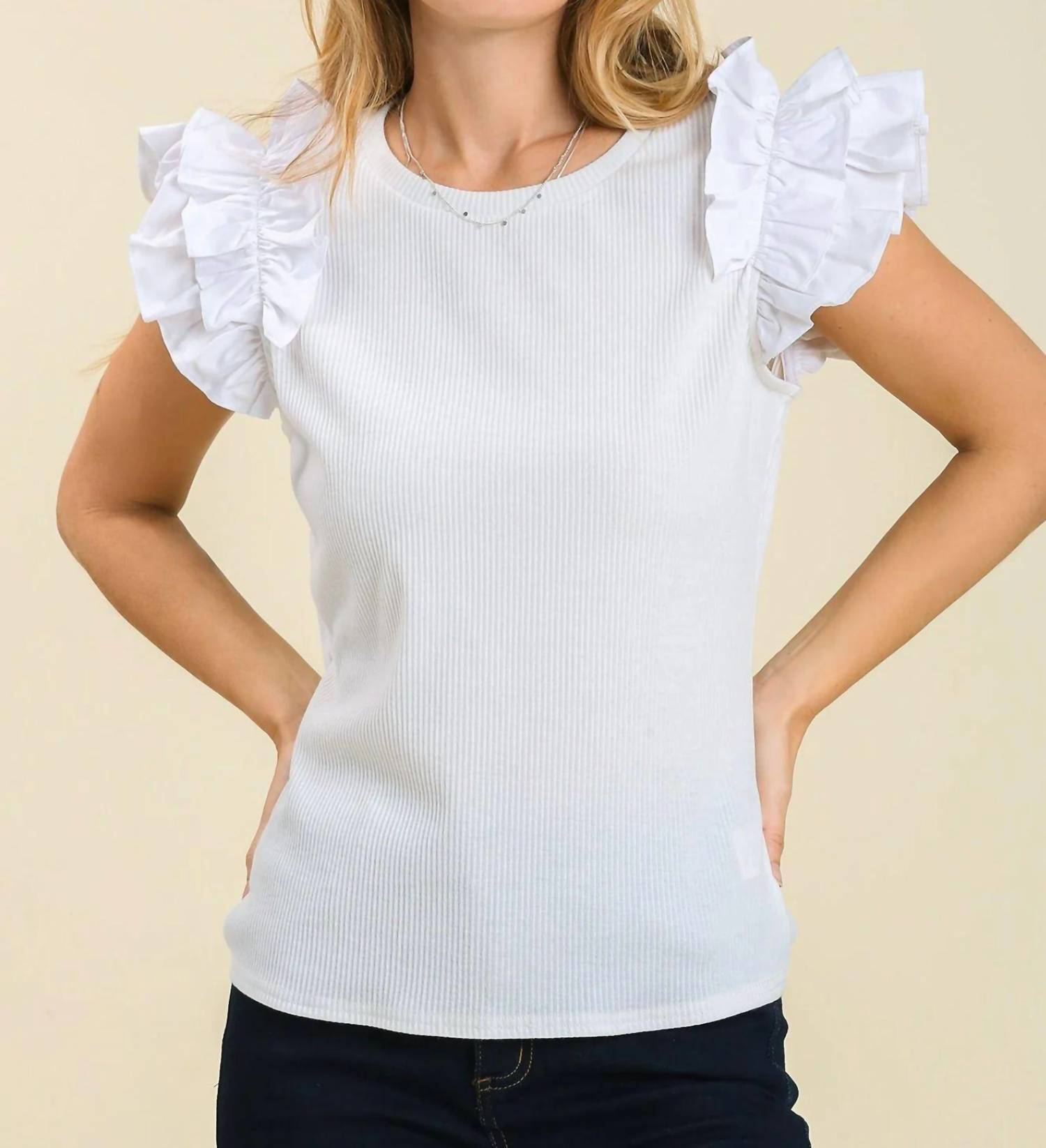 Umgee - Ruffle Sleeve Ribbed Knit Top