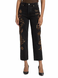 Veronica Beard Daniela Embellished High Rise Straight Leg Jeans in washed onyx - women's jeans