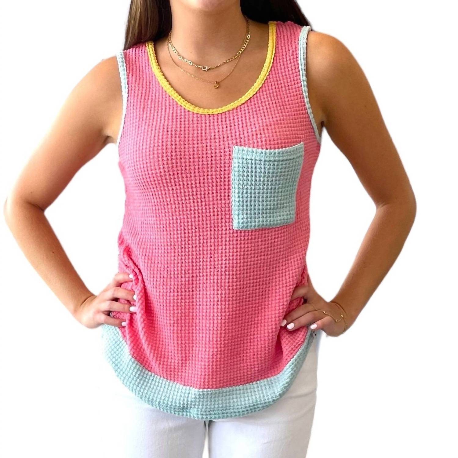 Full Time Purchase - Color Block Patched Pocket Knit Tank Top