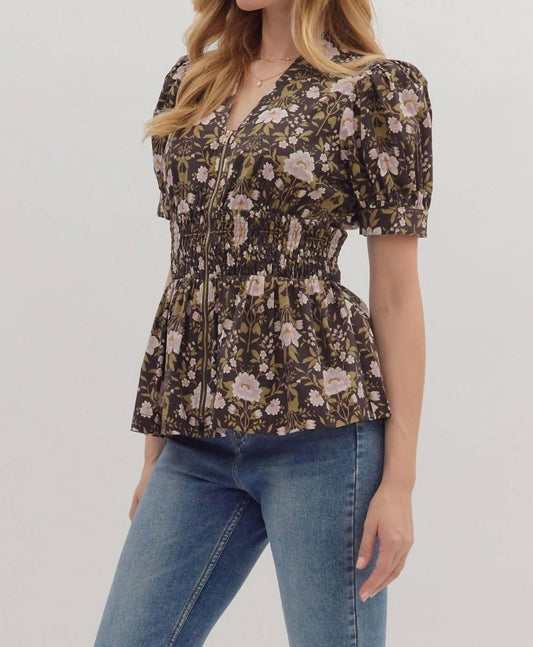 Entro - Floral Zipper Peplum Top