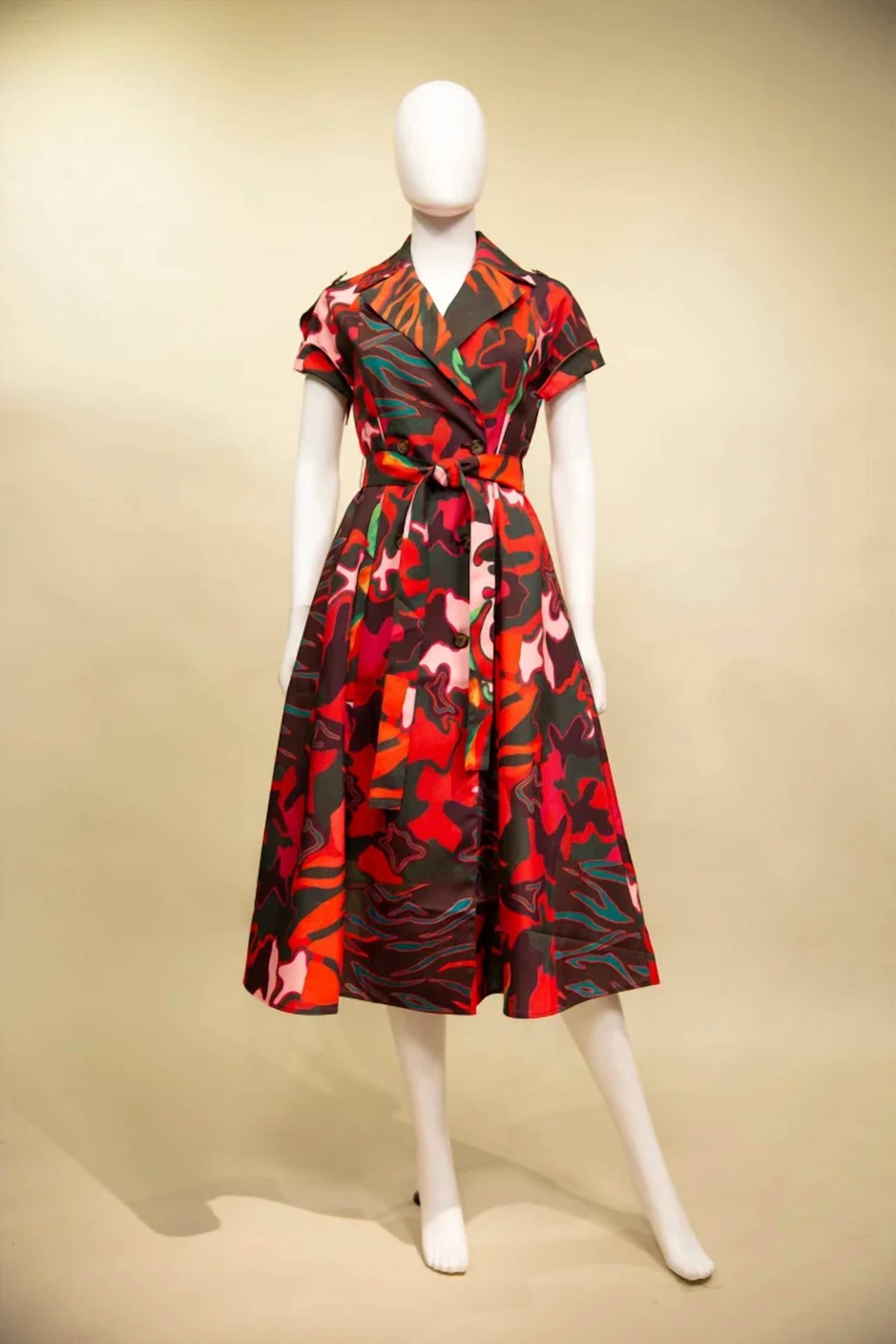 Samuel Dong - Print Short Sleeve A-line Double Breast Trench Dress